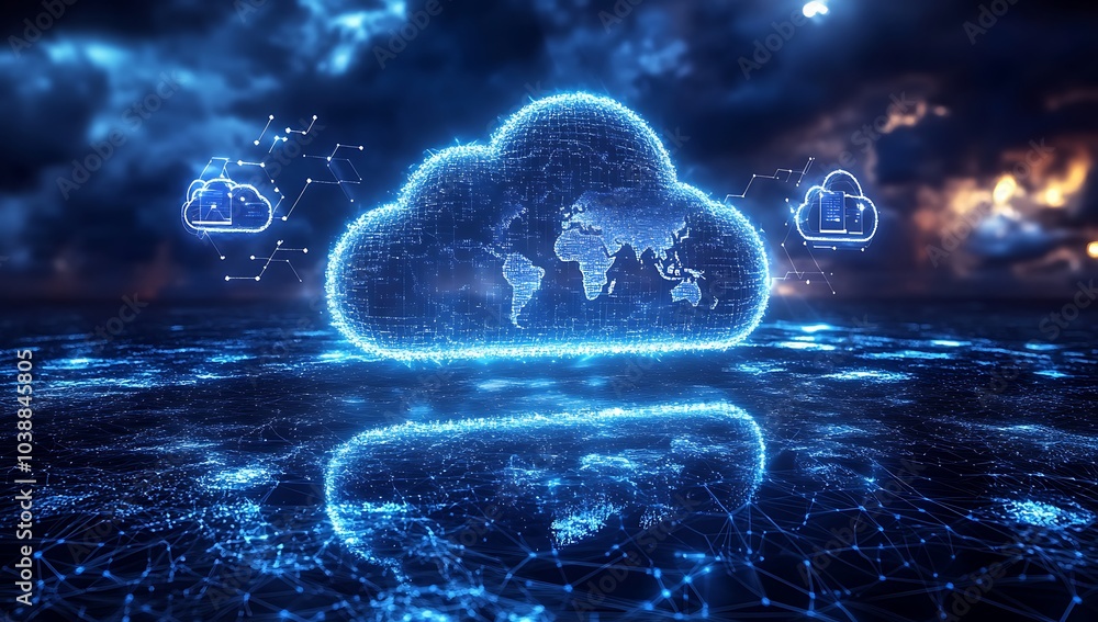 Obraz premium Futuristic Cloud Computing Network Servers. Digital illustration of cloud computing infrastructure with vibrant blue neon lights and futuristic data servers.