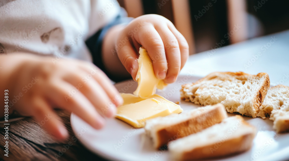 Close-up of a child’s hands spreading butter on toast during breakfast, creating a cozy and simple morning scene with bread slices on a plate.
Close-up of a child’s hands spreading butter on toast during breakfast, creating a cozy and simple morning scene with bread slices on a plate.