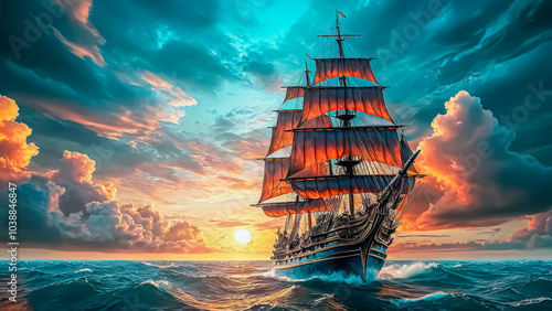 Beautiful old sailboat in sunset rays on the sea, old sailing brigantine