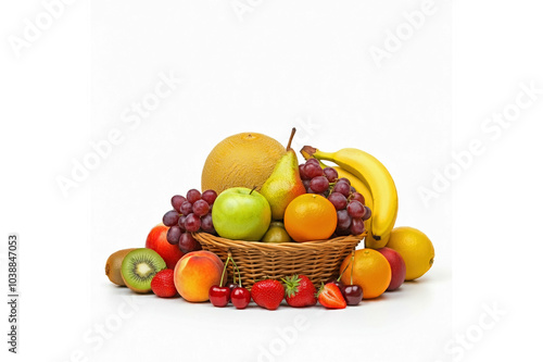 Group of various fresh, ripe and organic fruits in and out of a basket on a white background. Fruits include grapes, bananas, cherries, oranges, apples, kiwi, strawberries, pears and peaches.