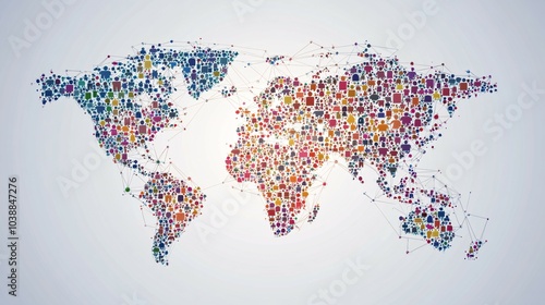 Fototapeta Naklejka Na Ścianę i Meble -  A world map formed of abstract shapes, with connected lines representing global communication.