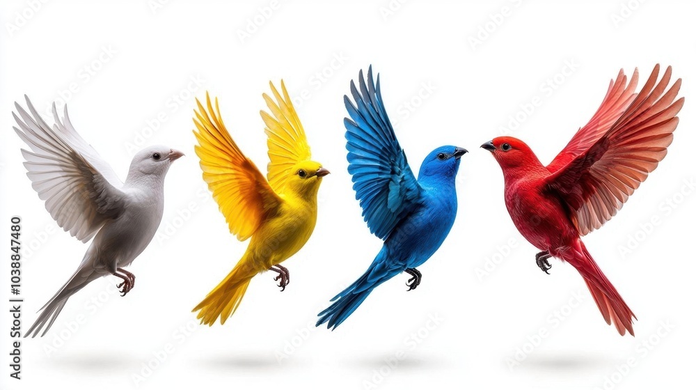 Fototapeta premium A photostock of birds in flight on a white background, symbolizing freedom or nature.