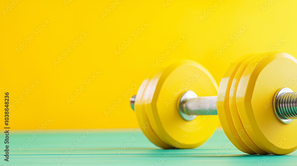 Bright yellow dumbbell resting on a turquoise surface against a vibrant yellow backdrop Bright yellow dumbbell resting on a turquoise surface against a vibrant yellow backdrop