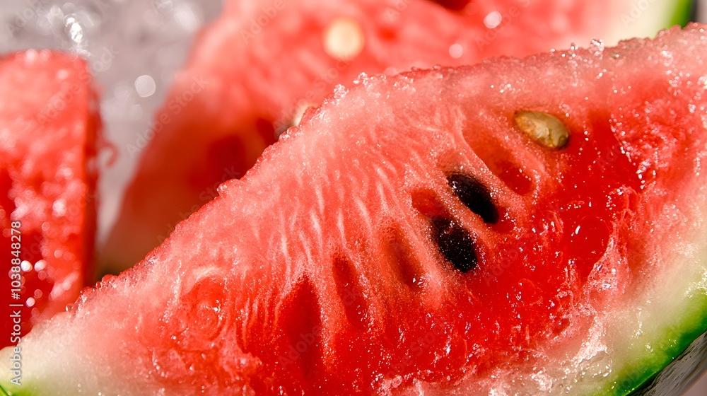 photo of Indoor scene.The theme is a close-up of a sliced watermelon.Lighter color. photo of Indoor scene.The theme is a close-up of a sliced watermelon.Lighter color.
