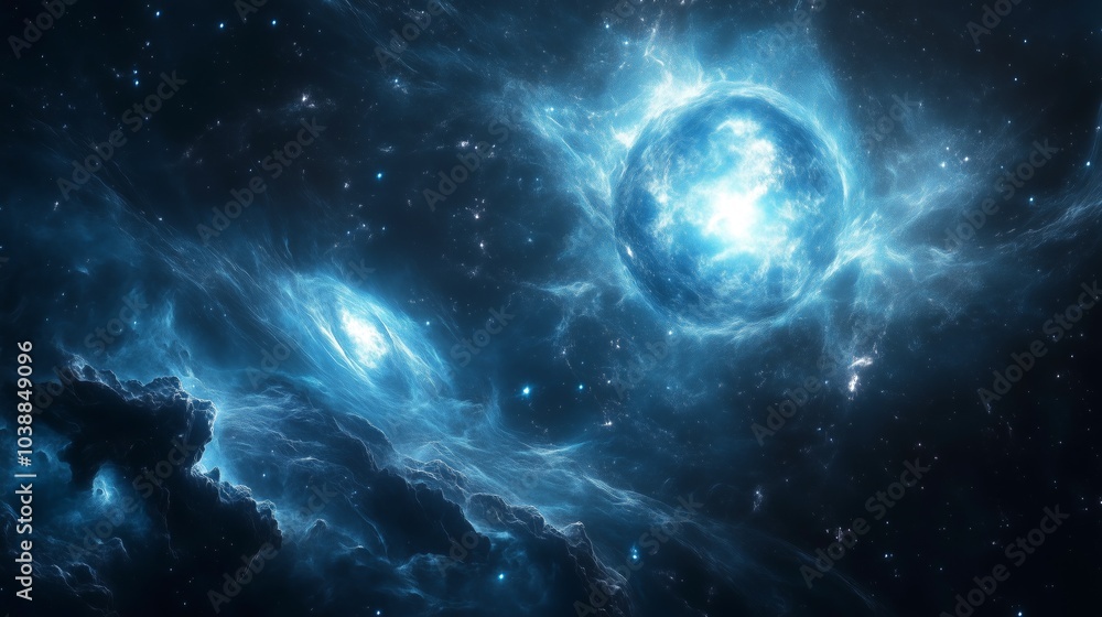 Naklejka premium Cosmic scene of two glowing stars in deep space, surrounded by nebula clouds and galaxies