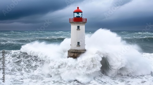 A striking lighthouse surrounded by towering waves under a moody sky, showcasing the power of nature and maritime resilience.