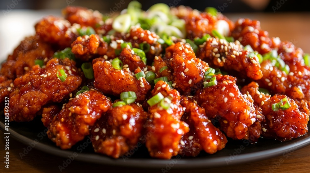 A tantalizing platter of Korean dakgangjeong, crispy fried chicken glazed in sweet and spicy sauce, Dakgangjeong platter centered A tantalizing platter of Korean dakgangjeong, crispy fried chicken glazed in sweet and spicy sauce, Dakgangjeong platter centered