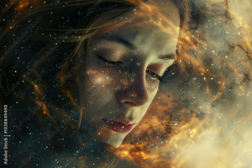 A woman's face is shown in a blurry, glowing light A woman's face is shown in a blurry, glowing light