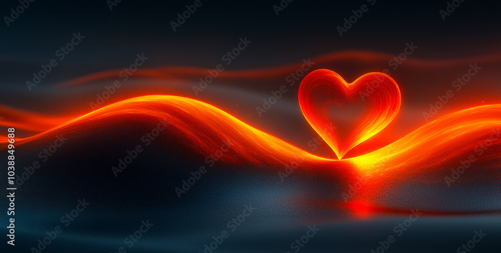 A heart is glowing red in the dark. The image is of a wave with the heart in the middle A heart is glowing red in the dark. The image is of a wave with the heart in the middle