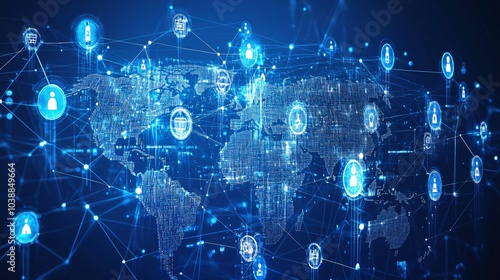 Global Network of Interconnected People and Icons on a Blue Background