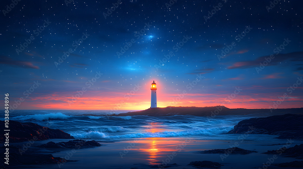 A Serene Night: Minimalist Illustration of a Lighthouse Illuminating the Hilly Coastline with Waves and Starry Skies A Serene Night: Minimalist Illustration of a Lighthouse Illuminating the Hilly Coastline with Waves and Starry Skies