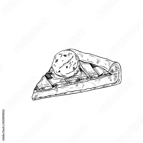 Slice of apple pie served with ice cream on top vector illustration. Graphic homemade fruit tart dessert monochrome line art black and white drawing. For cooking book design, menu, decor