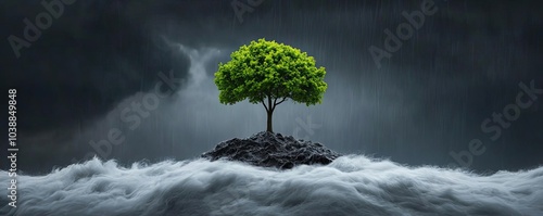 A resilient green tree stands strong amidst turbulent waters, symbolizing hope and perseverance in the face of adversity.
