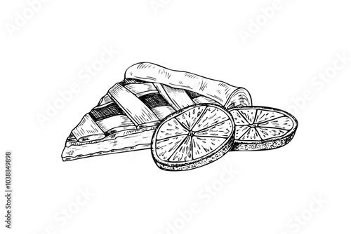 Vector shortbread pie slice with orange fruit slices illustration painted by black ink. Graphic monochrome tart cake line art Food element for coloring page, menu, decor