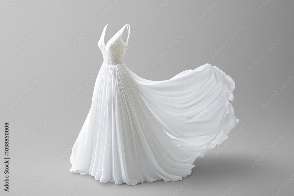 Contemporary white bridal gown set against a gray backdrop Contemporary white bridal gown set against a gray backdrop