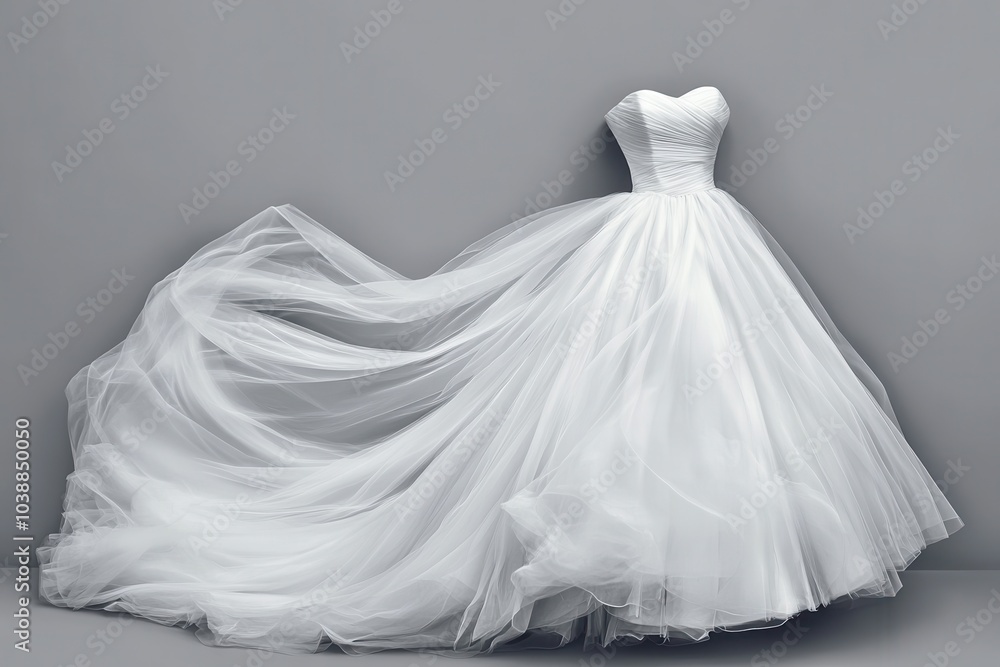 Contemporary white bridal gown on gray backdrop Contemporary white bridal gown on gray backdrop