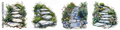 A stone path bordered by decorative plants illustrated in a watercolor painting style, on a transparent background.