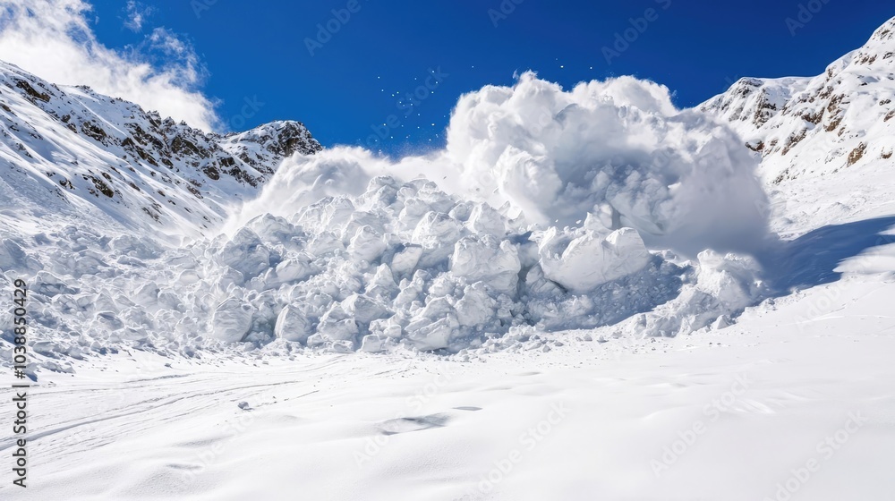 A dramatic avalanche crashing down a snowy mountain, showcasing the power of nature against a clear blue sky. A dramatic avalanche crashing down a snowy mountain, showcasing the power of nature against a clear blue sky.