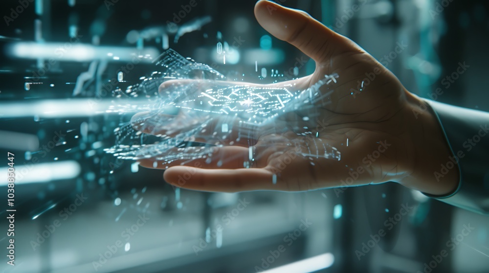 A human hand interacting with a floating AI hologram in a high-tech office environment A human hand interacting with a floating AI hologram in a high-tech office environment