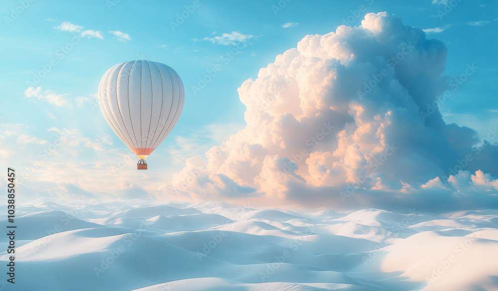 Fototapeta premium A hot air balloon is floating in the sky above a snowy landscape. The balloon is white and has a basket on top. The sky is clear and blue, with a few clouds scattered throughout