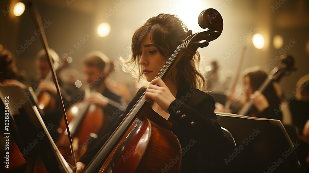 Fototapeta premium Female cellist playing with intense focus in an orchestra.