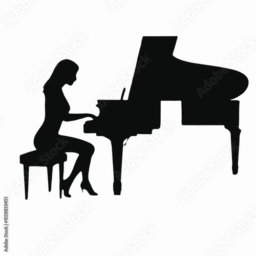 A silhouette of a woman sitting at a grand piano, playing the instrument