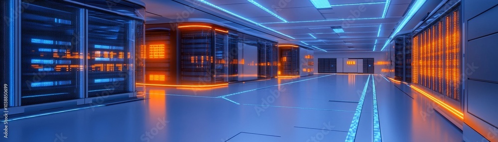 Futuristic Server Room with Blue and Orange Lights, 3D Render, Server, Data Center, Technology Futuristic Server Room with Blue and Orange Lights, 3D Render, Server, Data Center, Technology