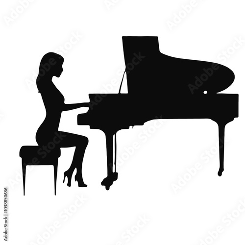 A silhouette of a woman sitting at a grand piano, playing the instrument