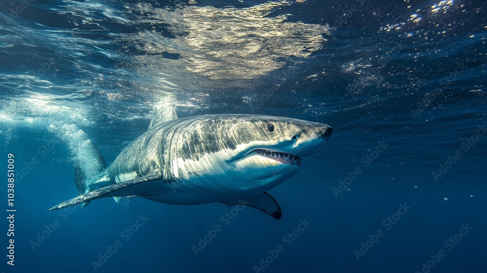 Fototapeta premium White great shark jump out of water composition background