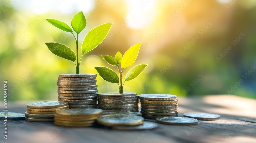 Green Shoots Growing From Stacks of Coins, Nature Background, Finance, Investment, Growth, coins, money Green Shoots Growing From Stacks of Coins, Nature Background, Finance, Investment, Growth, coins, money