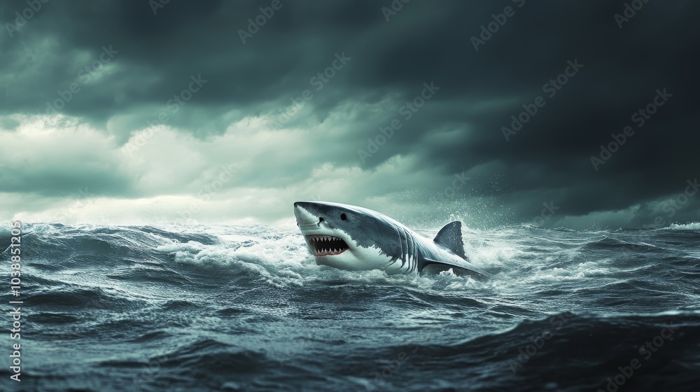 Fototapeta premium White great shark jump out of water composition background