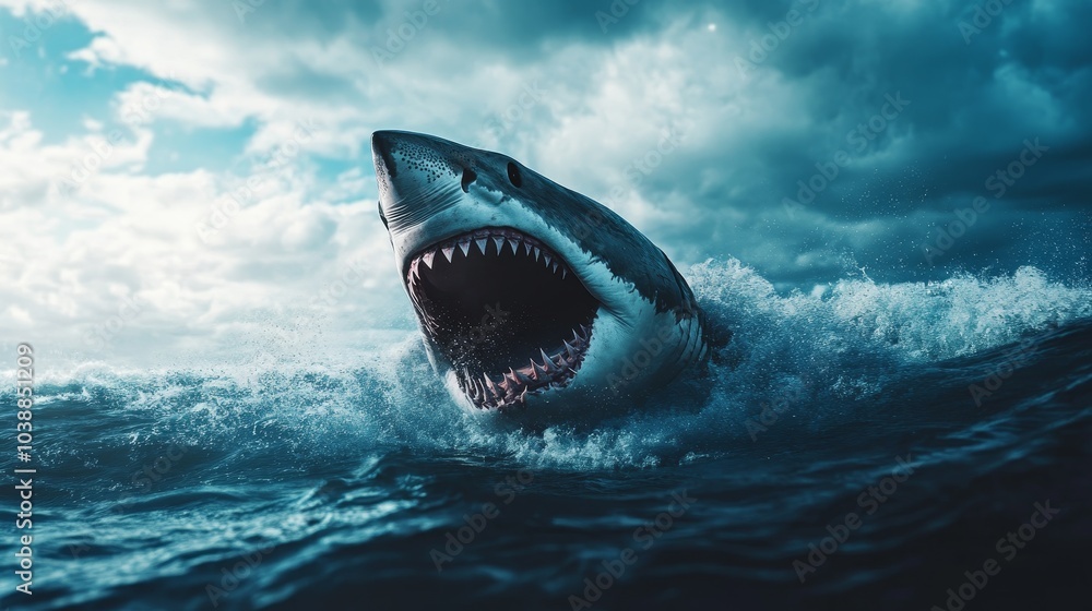 Fototapeta premium White great shark jump out of water composition background
