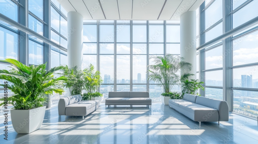 Fototapeta premium Modern Office Lobby with City Views, Two Grey Couches, Plants, and Window Walls, interior design, office space, urban landscape