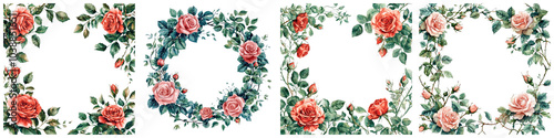 A lush floral frame with roses and ivy, illustrated in a watercolor painting style, on a transparent background.