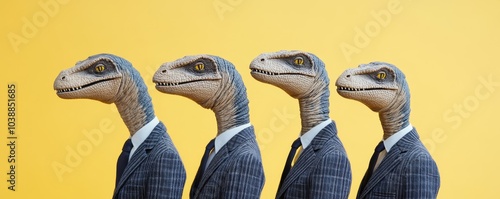 Raptor Suits, Yellow Background, Four Dinosaurs, Business, Formal Attire, Humor, Funny photo