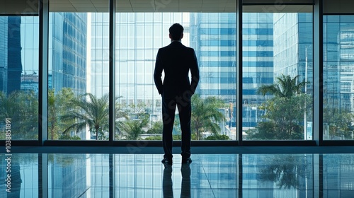 Silhouette of Man in Suit Looking Out Window at Cityscape, Man in Suit, Urban Landscape, Window View, Businessman, Corporate, Modern City