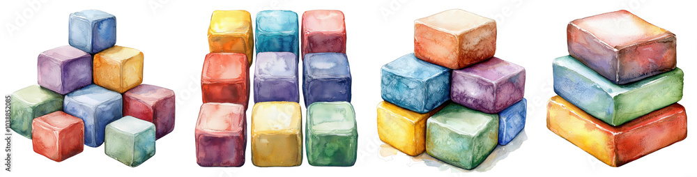A set of yoga blocks illustrated in a watercolor painting style, on a transparent background. A set of yoga blocks illustrated in a watercolor painting style, on a transparent background.