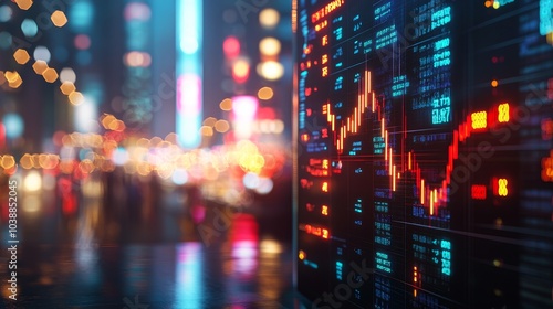 Stock Market Data Display in Neon Cityscape, stock market, trading, finance