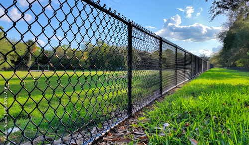 A chain link fence with a green grassy field in the background. The fence is black and the grass is green