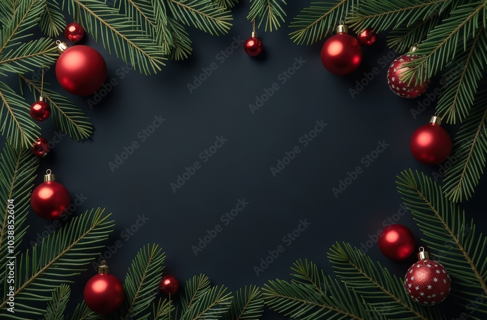 Christmas background with fir branches and red baubles on dark background Christmas background with fir branches and red baubles on dark background