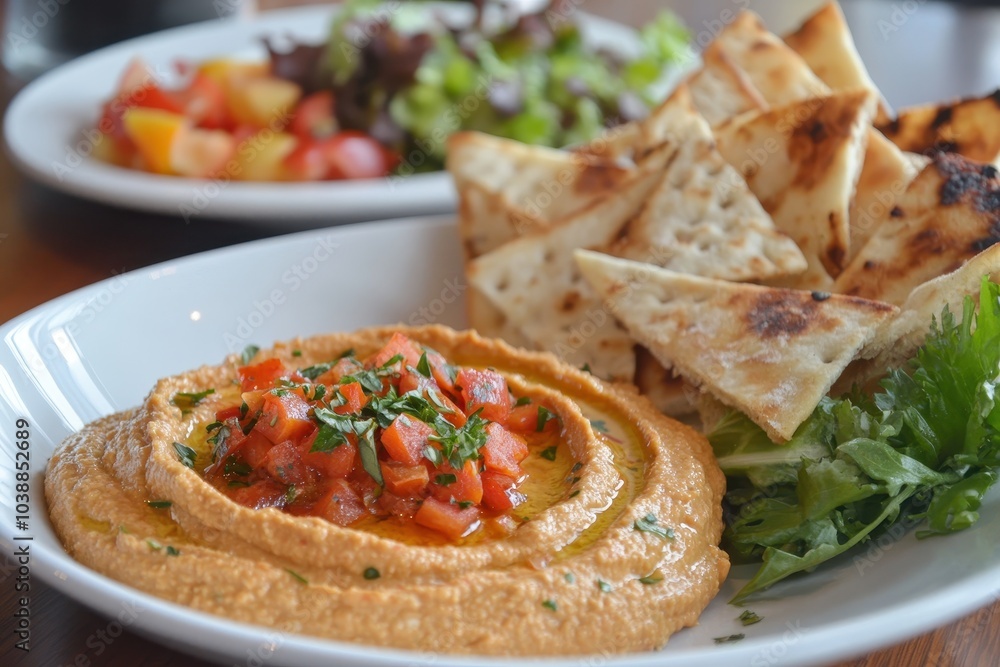 Creamy roasted red pepper hummus with pita chips on toast Creamy roasted red pepper hummus with pita chips on toast
