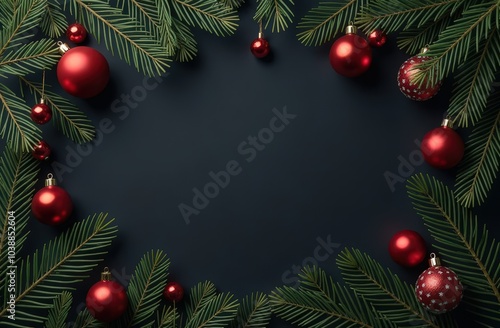 Christmas background with fir branches and red baubles on dark background