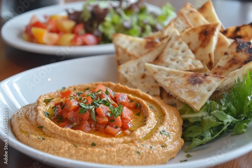 Creamy roasted red pepper hummus with pita chips on toast