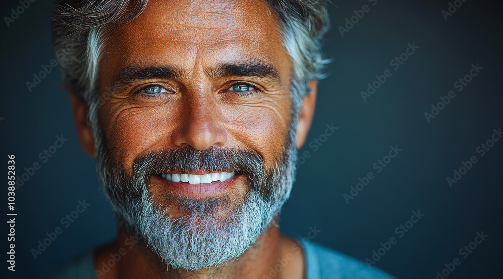 A man with a beard and gray hair is smiling. He has a blue eye and is wearing a blue shirt A man with a beard and gray hair is smiling. He has a blue eye and is wearing a blue shirt