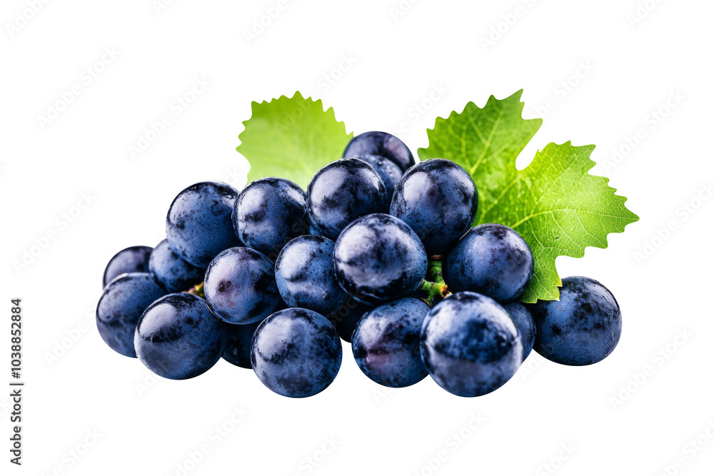 Fototapeta premium Blue grapes bunch isolated on white background. Generative AI
