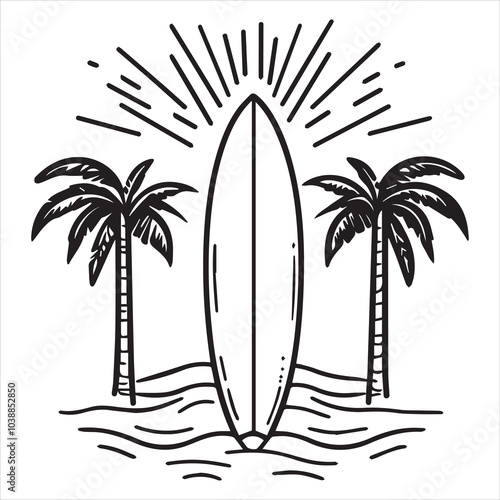 A simple, bold outline vector illustration of the sun setting over an ocean with two palm trees and a surfboard on the beach, in black lines on a white background.
