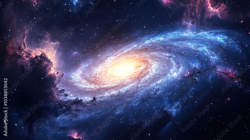 Obraz premium Spiral galaxy vortex with swirling stars and colorful nebula 