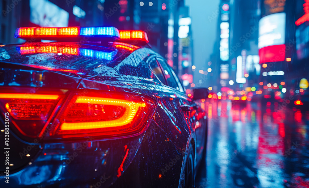A police car is driving down a wet street in a city at night. The car is surrounded by bright lights from the city, creating a sense of urgency and excitement. The scene is tense and action-packed A police car is driving down a wet street in a city at night. The car is surrounded by bright lights from the city, creating a sense of urgency and excitement. The scene is tense and action-packed