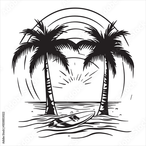 A simple, bold outline vector illustration of the sun setting over an ocean with two palm trees and a surfboard on the beach, in black lines on a white background.
