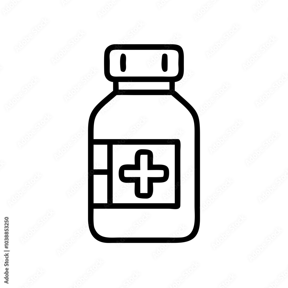 Medicine Bottle Icon with Cross in Minimalist Outline Style Medicine Bottle Icon with Cross in Minimalist Outline Style
